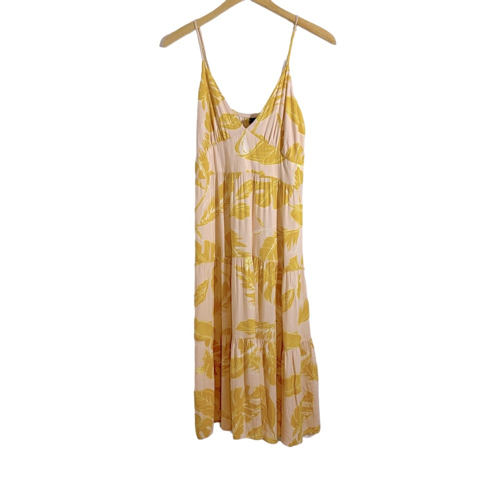 Wild Fable Yellow Pink & White Palm Print Tiered Sun Dress, Size Medium
